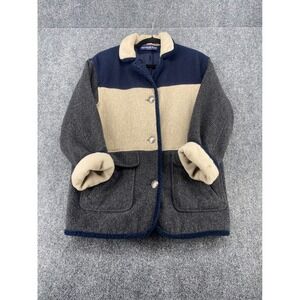 Herman Kay Vintage Colorblock Wool Coat Women L Navy Grey Sherpa Trim USA Made
